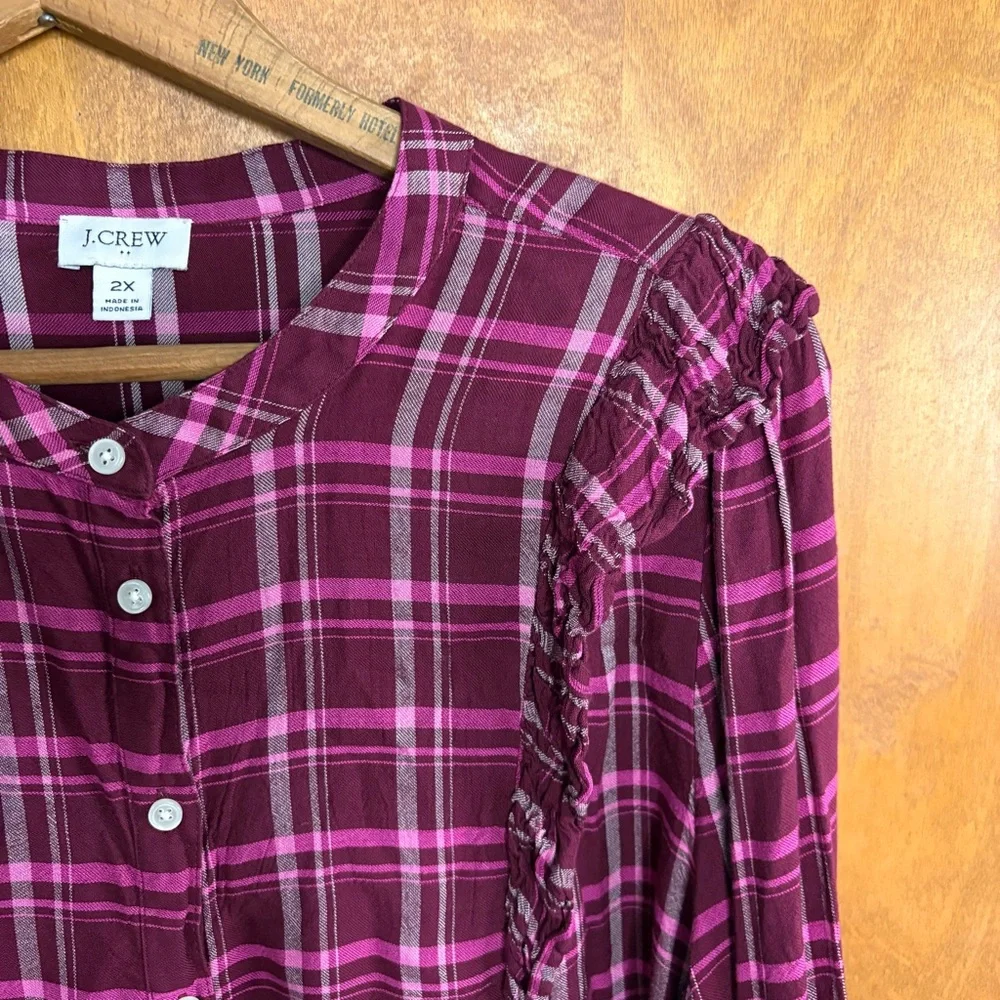 J. Crew Red Burgundy Plaid Ruffle Button Down Blouse Top 2X Office Preppy Boho